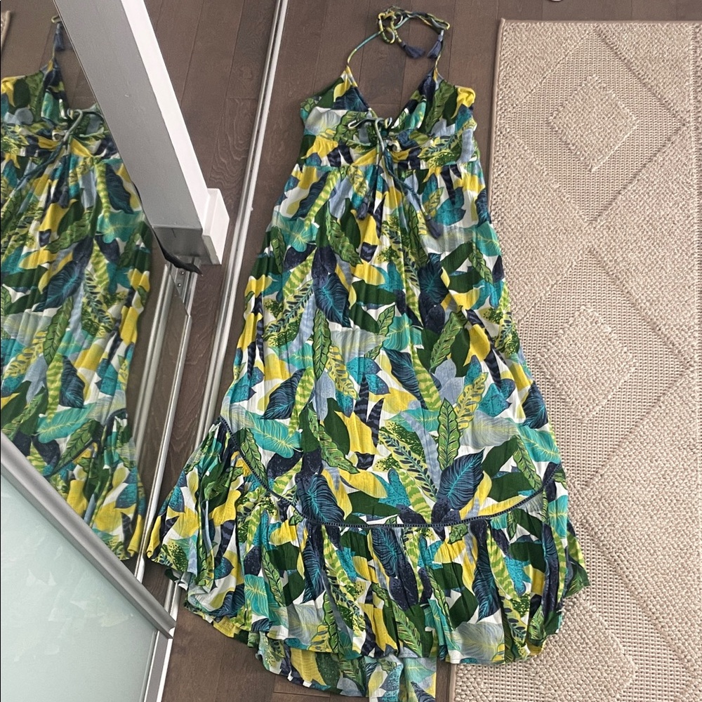 Tropical Leaf Print Halter Maxi Dress